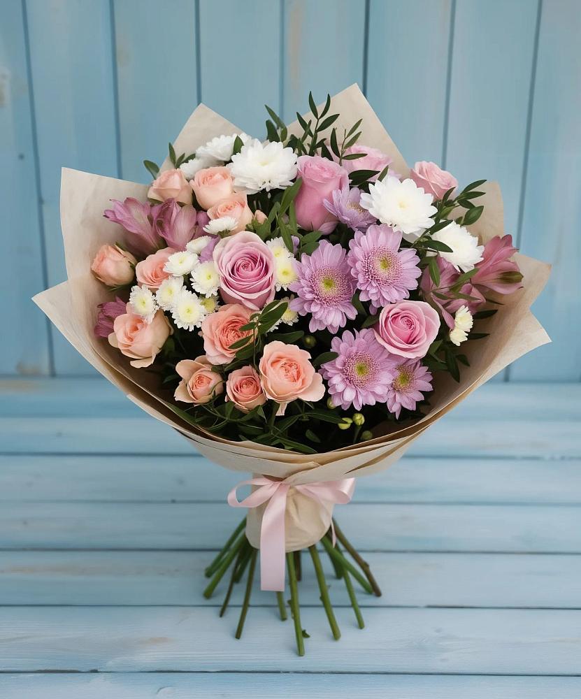 Букет цветов из: Хризантемы, Розы и Альстромерии в Каменке Архангельской области