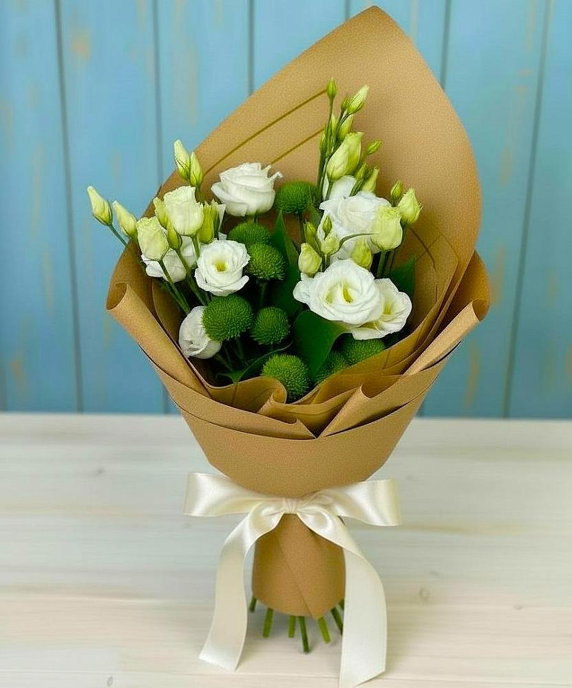 Букет цветов из: Хризантемы и Лизиантусы в Каменке Архангельской области