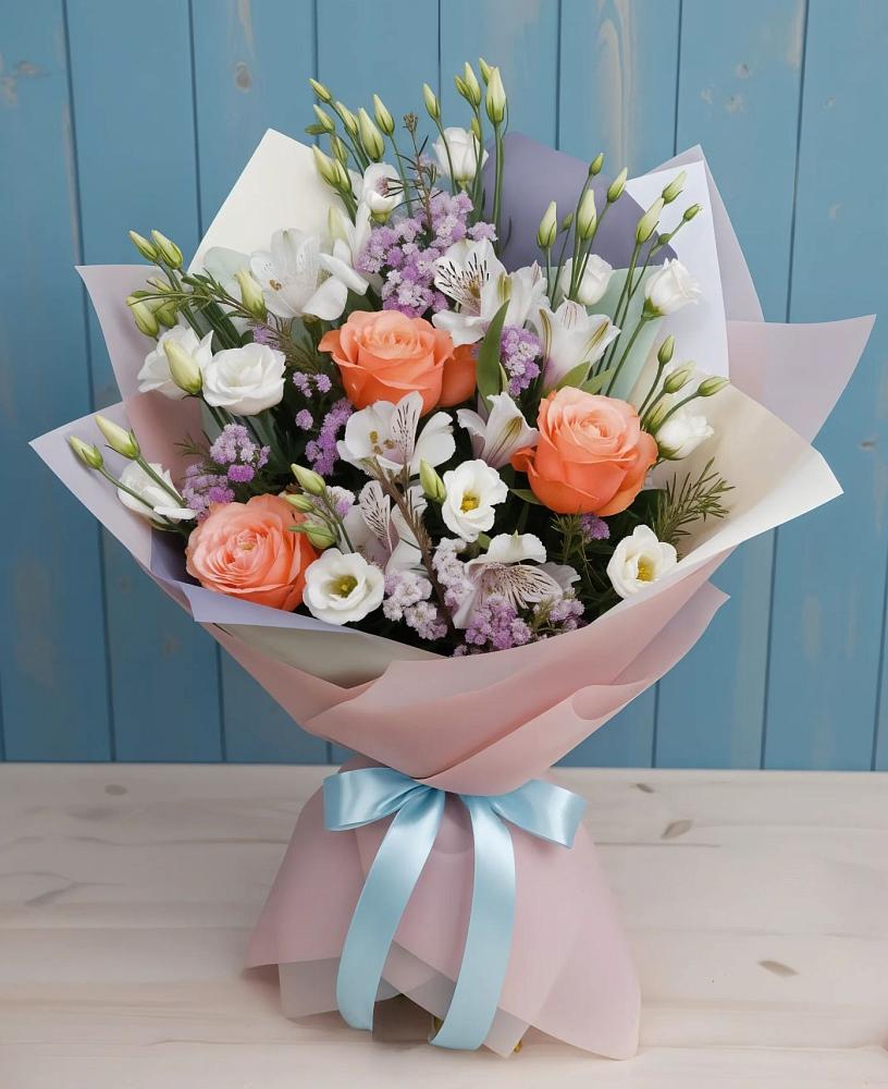 Букет цветов из: Лизиантусы, Розы, Альстромерии и Гипсофила в Каменке Архангельской области
