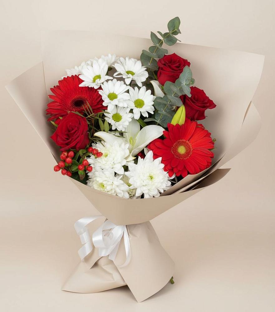 Букет цветов из: Розы, Хризантемы, Герберы и Лилии в Каменке Архангельской области