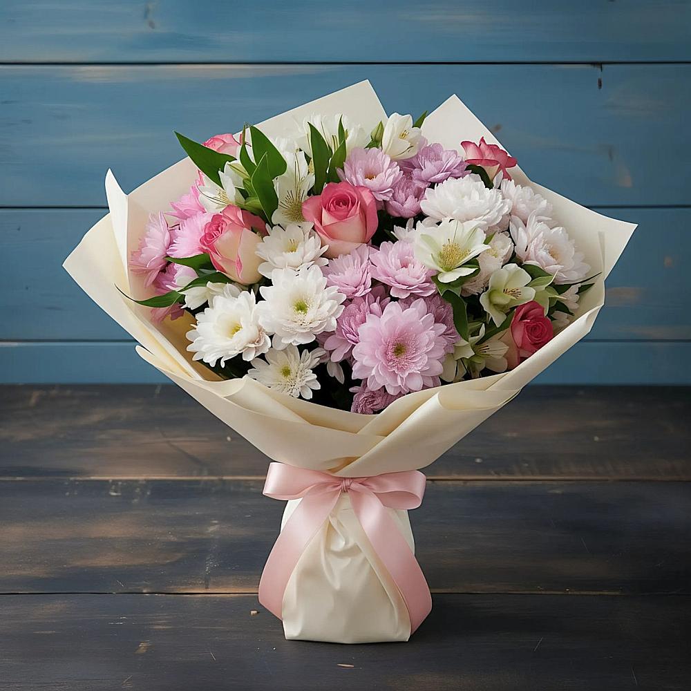 Букет цветов из: Хризантемы, Альстромерии и Розы в Каменке Архангельской области